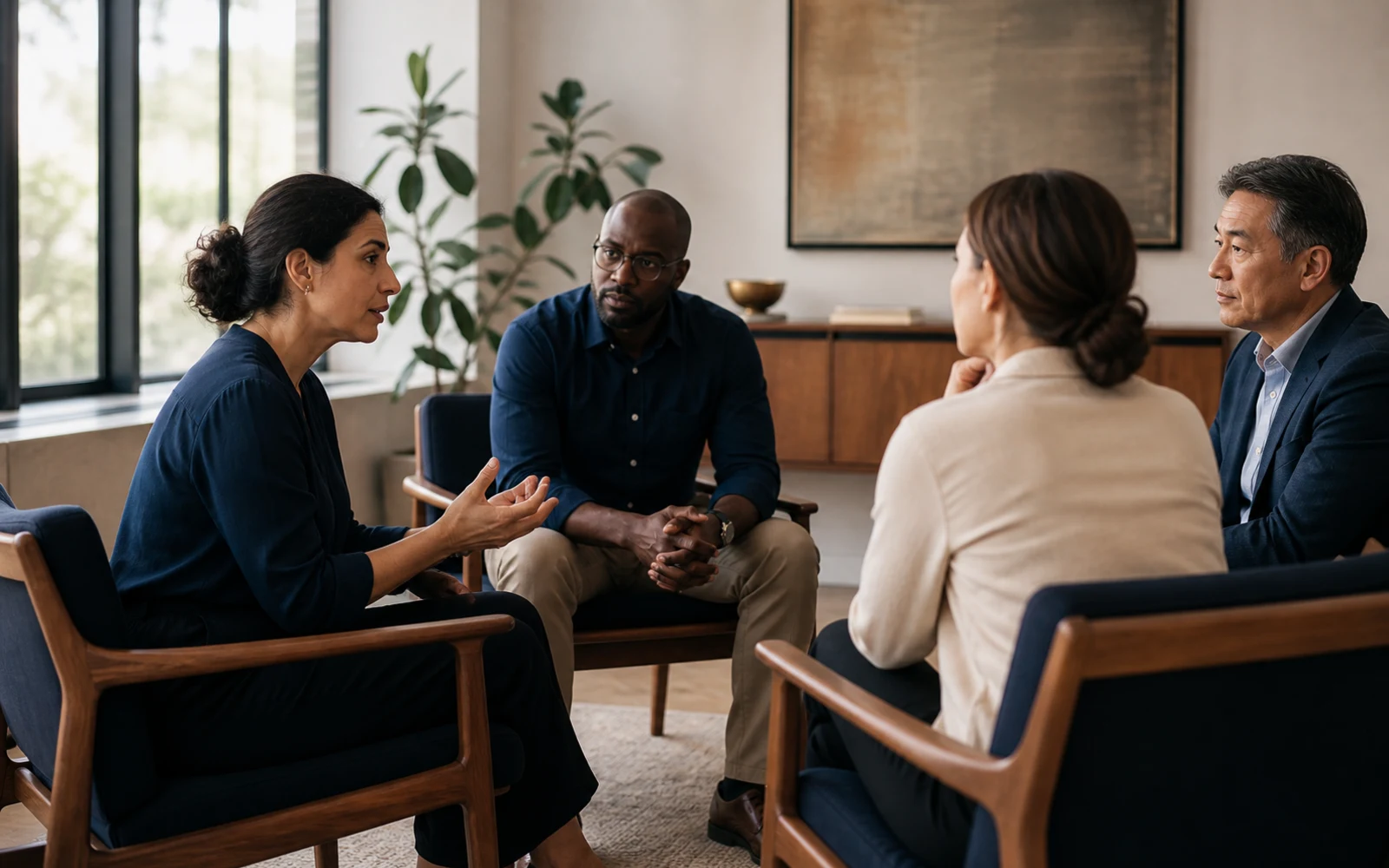 Vertrauen im Team aufbauen: Four colleagues seated in an equal circle while one speaks candidly and the others listen with care.